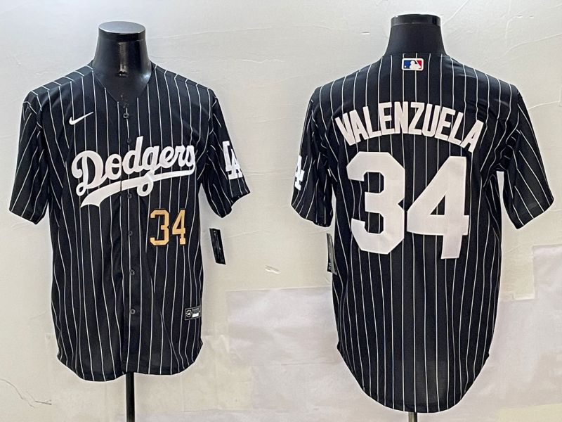 Men Los Angeles Dodgers 34 Valenzuela Black Stripe Jointly Name 2025 Nike MLB Jersey style 11